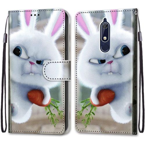Etui En Pu Cuir Coque Pour Nokia 5.1 Flip Folio Housse Magnétique Carotte Lapin Blanc Étui A Rabat Portefeuille Antichoc Porte Carte Flip Stand Case Protective Nokia 5.1 5.5