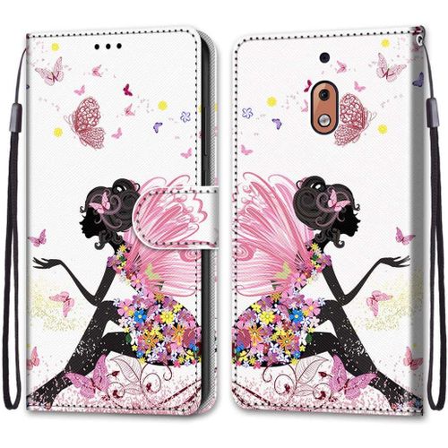 Etui En Pu 360 Protection Full Cuir Pour Nokia 2.1 5.5"" Coque Flip Case Housse À Rabat Portefeuille Étui Et Silicone Interne Cover Anti Choc Poche Motif Ange Fleur Protection Bumper