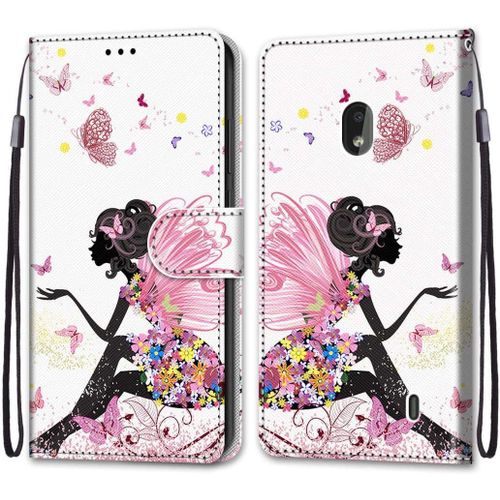 Etui En Pu 360 Protection Full Cuir Pour Nokia 2.2 Coque Flip Case Housse À Rabat Portefeuille Étui Et Silicone Interne Cover Anti Choc Poche Motif Ange Fleur Protection Bumper