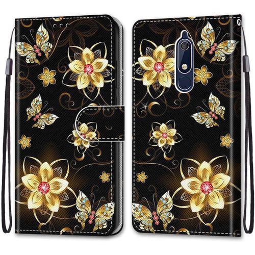 Etui En Pu Cuir Coque Pour Nokia 5.1 Flip Folio Housse Magnétique Papillon D'or Étui A Rabat Portefeuille Antichoc Porte Carte Flip Stand Case Protective Cover Nokia 5.1 5.5