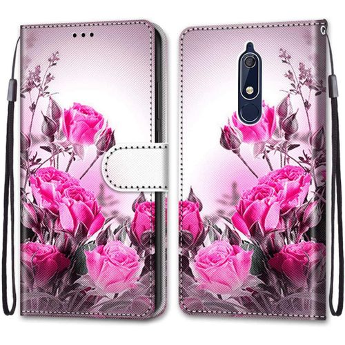 Etui En Pu Cuir Coque Pour Nokia 5.1 Folio Housse Magnétique Bouquet De Roses Étui A Rabat Portefeuille Antichoc Porte Carte Flip Stand Case Protective Cover Nokia 5.1 5.5