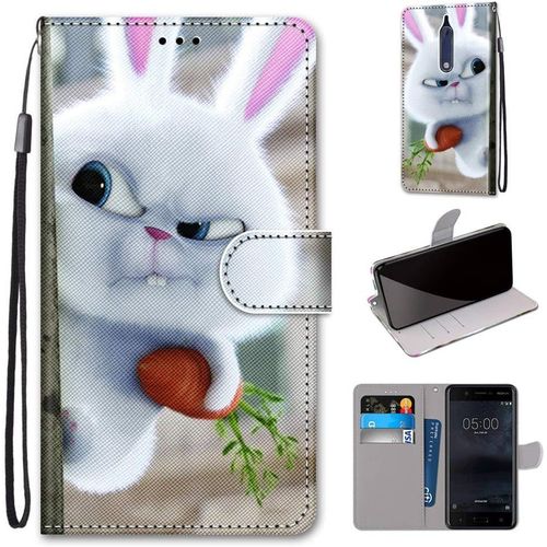 Etui En Pu Cuir Coque Pour Nokia 5 Flip Folio Housse Magnétique Carotte Lapin Blanc Étui A Rabat Portefeuille Antichoc Porte Carte Housse Flip Stand Case Protective Nokia 5 2017 5.2-Pouces