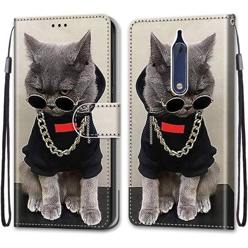 Etui En Pu Cuir Coque Pour Nokia 5 5.2"" Flip Folio Housse Magnétique Collier Chat Étui A Rabat Portefeuille Antichoc Porte Carte Housse Flip Stand Case Protective Pour Nokia 5 5.2