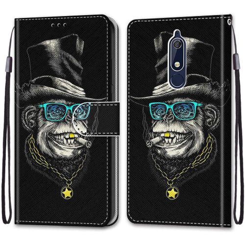Etui En Pu 360 Protection Full Cuir Pour Nokia 5.1 5.5"" Coque Flip Case Housse À Rabat Portefeuille Étui Et Silicone Interne Cover Anti Choc Poche Motif Singe Riche Protection Bumper