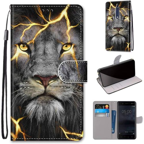 Etui En Pu 360 Protection Full Cuir Pour Nokia 5 5.2-Pouces Coque Flip Case Housse À Rabat Portefeuille Étui Et Silicone Interne Cover Anti Choc Poche Motif Lion Enflammé Protection Bumper