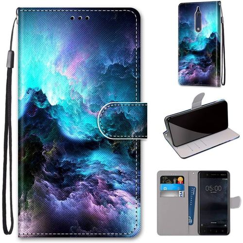 Etui En Pu 360 Protection Full Cuir Pour Nokia 5 5.2-Pouces Coque Flip Case Housse À Rabat Portefeuille Étui Et Silicone Interne Cover Anti Choc Poche Motif Nuage Coloré Protection Bumper