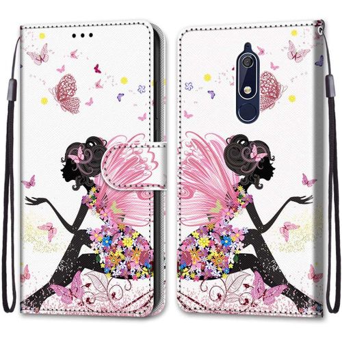 Etui En Pu 360 Protection Full Cuir Pour Nokia 5.1 5.5"" Coque Flip Case Housse À Rabat Portefeuille Étui Et Silicone Interne Cover Anti Choc Poche Motif Ange Fleur Protection Bumper