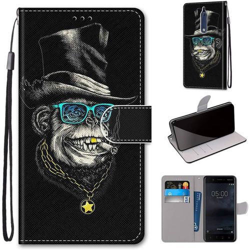 Etui En Pu 360 Protection Full Cuir Pour Nokia 5 5.2-Pouces Coque Flip Case Housse À Rabat Portefeuille Étui Et Silicone Interne Cover Anti Choc Poche Motif Singe Riche Protection Bumper