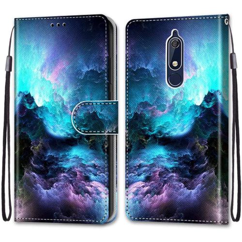Etui En Pu 360 Protection Full Cuir Pour Nokia 5.1 5.5"" Coque Flip Case Housse À Rabat Portefeuille Étui Et Silicone Interne Cover Anti Choc Poche Motif Nuage Coloré Protection Bumper