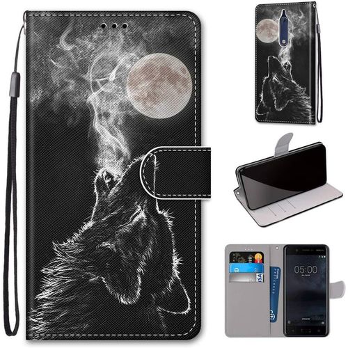 Etui En Pu 360 Protection Full Cuir Pour Nokia 5 5.2-Pouces Coque Flip Case Housse À Rabat Portefeuille Étui Et Silicone Interne Cover Anti Choc Poche Motif Cri De Loup Protection Bumper