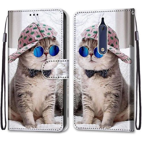 Etui En Pu 360 Protection Full Cuir Pour Nokia 5 Coque Flip Case Housse À Rabat Portefeuille Étui Et Silicone Interne Cover Anti Choc Poche Motif Chat À Lunettes Bleu Protection Bumper