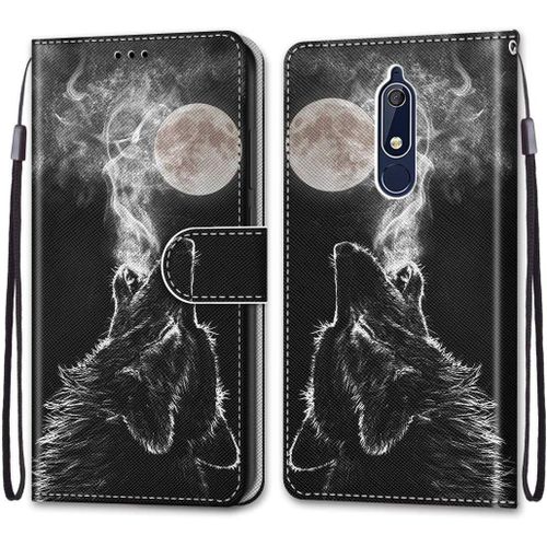 Etui En Pu 360 Protection Full Cuir Pour Nokia 5.1 5.5"" Coque Flip Case Housse À Rabat Portefeuille Étui Et Silicone Interne Cover Anti Choc Poche Motif Cri De Loup Protection Bumper