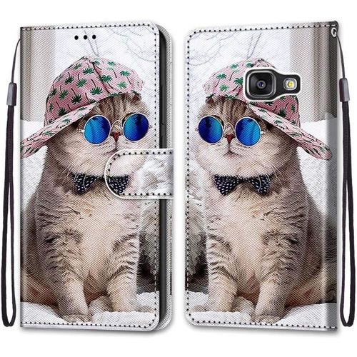 Etui En Pu 360 Protection Full Cuir Pour Samsung Galaxy A3 2016/A310 Coque Flip Case Housse Rabat Portefeuille Étui Et Silicone Interne Cover Anti Choc Motif Chat À Lunettes Bleu Protection