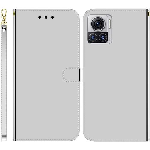 Funda Para Motorola Moto X30 Pro/Edge 30 Ultra Imitación Espejo Pu Cuero Case Cierre Magnetico Flip Billetera Carcasa Con Ranuras Para Tarjetas Y Soporte Plegable Cover Funda Para Moto X30 Pro,Plata