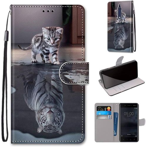 Housse À Rabat Portefeuille Pour Nokia 5,Coque En Cuir Pu Pour Nokia 5,Etui De Protection Motif Avec Fonction Support Magnétique Portables Case Pour Nokia 5 2017 Release 5.2-Pouces,Chat Tigre