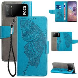Etui En Pu Cuir Coque Pour Xiaomi Redmi 9t/Xiaomi Poco M3 Flip Folio Housse Magnétique Papillon Gaufrage Bleu Étui A Rabat Portefeuille Antichoc Porte Carte Housse Flip Stand Case Cover