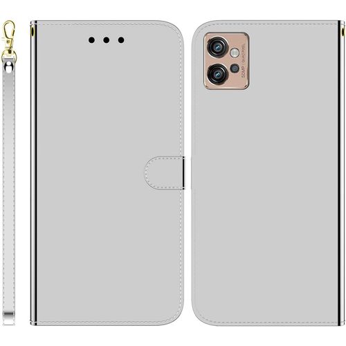 Funda Para Motorola Moto G32 Imitación Espejo Pu Cuero Case Cierre Magnetico Flip Billetera Carcasa Con Ranuras Para Tarjetas Y Soporte Plegable Cover Funda Para Motorola Moto G32,Plata