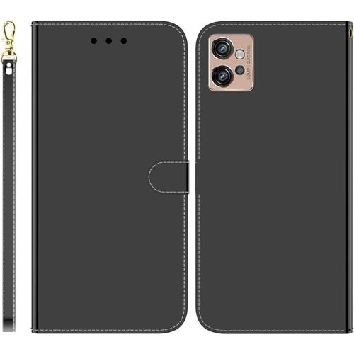 Funda Para Motorola Moto G32 Pu Cuero Folio Cartera Carcasa Ranuras Para Tarjetas Soporte Plegable Cierre Magnetico Imitación Espejo Flip Billetera Case Para Motorola Moto G32,Negro