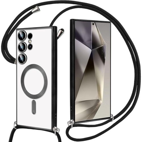 Coque Magnétique Pour Samsung Galaxy S24 Ultra Avec Cordon, Transparent Housse Étui Pour Magsafe Case Avec Collier Lanyard Ultra Mince Souple Tpu Silicone Camera Antichoc, Noir