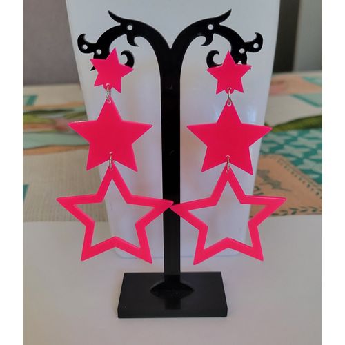 Boucles D'oreilles Trio D'etoiles Rose Fluo Disco Annee 80 !