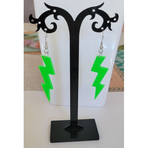 Boucles D'oreilles Eclair Plein Vert Fluo Disco Annee 80 !