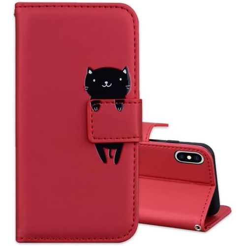 Coque Portefeuille Étui Pour Iphone X/Xs Iphone 10 Housse Protection Accessoires Case Flip Cover Phone Étuis En Faux Cuir Avec Stand Rouge