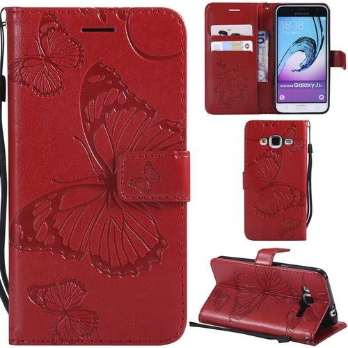 Samsung Galaxy J3 2016 Coque Modèle 3d Papillon Prime Pu Cuir Flip Folio Housse Étui Cover Case Wallet Portefeuille Support Dragonne Fermeture Magnétique Pour Samsung Galaxy J3 2016 - Rouge