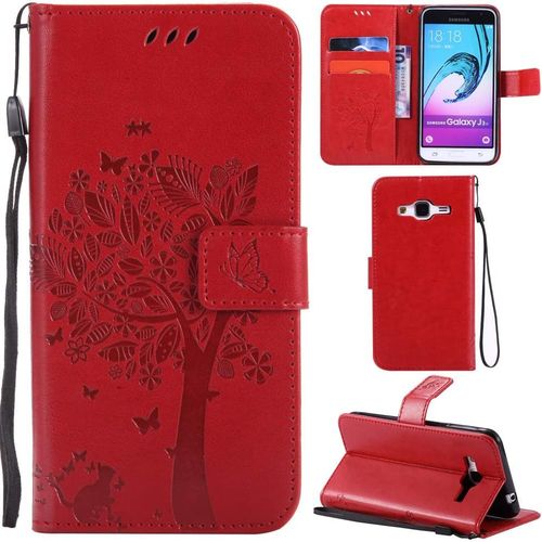 Samsung Galaxy J3 2016 Coque Motif Arbre Chat Pu Cuir Flip Housse Étui Cover Case Wallet Portefeuille Support Avec Porte-Cartes Pour Samsung Galaxy J3 2016 - Rouge