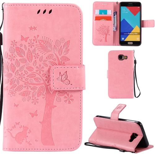 Samsung Galaxy A3 2016 Coque Motif Arbre Chat Pu Cuir Flip Housse Étui Cover Case Wallet Portefeuille Support Avec Porte-Cartes Pour Samsung Galaxy A3 2016 - Rose Clair