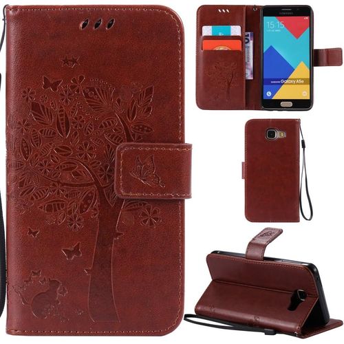 Samsung Galaxy A3 2016 Coque Motif Arbre Chat Pu Cuir Flip Housse Étui Cover Case Wallet Portefeuille Support Avec Porte-Cartes Pour Samsung Galaxy A3 2016 - Café