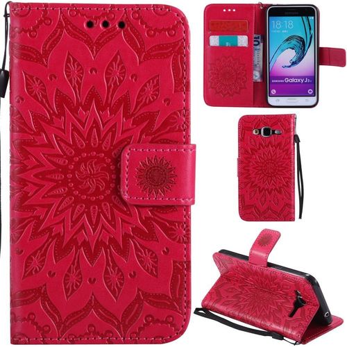 Samsung Galaxy J3 2016 Coque Motif Tournesol Pu Cuir Flip Housse Étui Cover Case Wallet Pochette Support Avec Porte-Cartes Pour Samsung Galaxy J3 2016 - Rouge