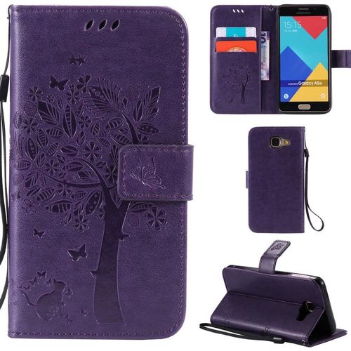 Samsung Galaxy A3 2016 Coque Motif Arbre Chat Pu Cuir Flip Housse Étui Cover Case Wallet Portefeuille Support Avec Porte-Cartes Pour Samsung Galaxy A3 2016 - Violet