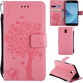 Samsung Galaxy J3 2017 Coque Motif Arbre Chat Pu Cuir Flip Housse Étui Cover Case Wallet Portefeuille Support Avec Porte-Cartes Pour Samsung Galaxy J3 2017 - Rose Clair
