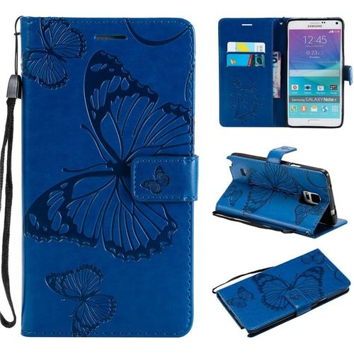 Samsung Galaxy Note 4 Coque Modèle 3d Papillon Prime Pu Cuir Flip Folio Housse Étui Cover Case Wallet Portefeuille Support Dragonne Fermeture Magnétique Pour Samsung Galaxy Note 4 - Bleu