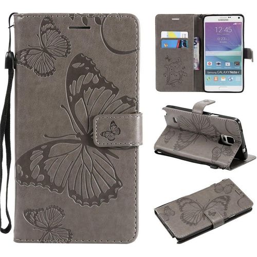 Samsung Galaxy Note 4 Coque Modèle 3d Papillon Prime Pu Cuir Flip Folio Housse Étui Cover Case Wallet Portefeuille Support Dragonne Fermeture Magnétique Pour Samsung Galaxy Note 4 - Gris