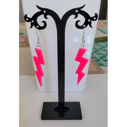 Boucles D'oreilles Eclair Plein Rose Fluo Disco Annee 80 !