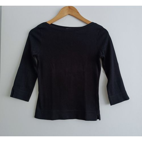 T Shirt Noir. Manches 3/4. Col Bateau. Camaïeu. Coton. Taille 36