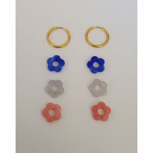 Boucles D'oreilles Creoles Anneaux Dores + 3 Paires Fleurs ! Modele 6