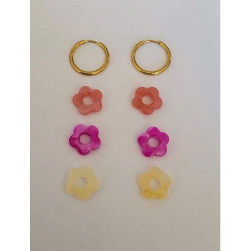 Boucles D'oreilles Creoles Anneaux Dores + 3 Paires Fleurs ! Modele 4
