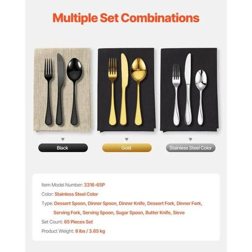 Ménagère-Vevor-65 Pièces Avec Couteau, Fourchette, Cuillère-Pour Cuisine, Maison, 12 Personnes