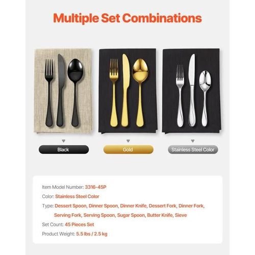 Ménagère-Vevor-45 Pièces Avec Couteau, Fourchette, Cuillère-Pour Cuisine, Maison, 8 Personnes