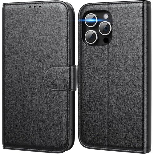 Coque Pour Iphone 15 Pro En Cuir Véritable, Blocage Du Signal Rfid Etui À Rabat Housse De Protection En Cuir Pochette De Portefeuille Fermeture Magnétique , Noir
