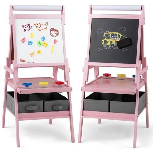 Costway Chevalet D'art 3 En 1 -Tableau Noir & Blanc Magnétique,Rouleau De Papier & 2 Bacs En Tissu Pour Enfants 3-6 Ans Rose