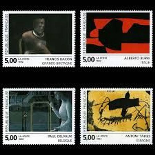 Série Européenne D'art Contemporain : Oeuvres De Francis Bacon, Alberto Burri, Paul Delvaux Et Antoni Tapiès Année 1992 N° 2779 2780 2781 2782 Yvert Et Tellier Luxe