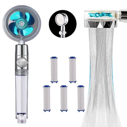 PACK douchette + 5 recharges filtres SAVEWATER POWER | VENTEO | Pommeau de douche avec hélice haute pression | Economise et filtre l'eau | Régulateur de puissance grâce à l'interrupteur stop | Tête articulée | Plusieurs coloris disponible bleu/rose/or