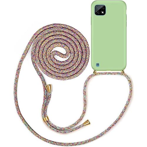 Pour Realme C11 2021 Coque Collier Silicone Liquide Case Tour De Cou Lanière En Corde Tpu Cover Antichoc Housse Coussin En Microfibre Etui Complèt Protection Vert