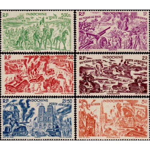 Indochine (Actuel Vietnam), Colonie Française 1946, Très Belle Série Complète Timbres Neufs** Luxe De Poste Aérienne Yvert 40 À 45, Le Tchad, Koufra, Mareth, Normandie, Paris, Strasbourg.