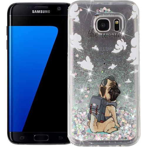 Coque Pour Samsung Galaxy S7 Edge Silicone Gel Housse Bumper Antichoc Etui De Protection Transparente Liquide Paillette Brillant Glitter Blanc Case Cover Chien Cadeau Fille Femme