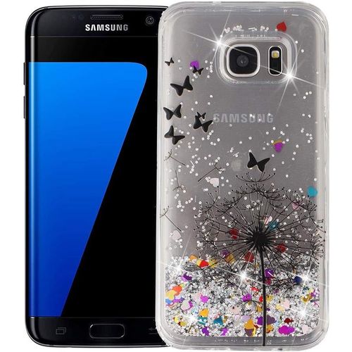 Coque Pour Samsung Galaxy S7 Edge Silicone Gel Housse Bumper Antichoc Etui De Protection Transparente Liquide Paillette Brillant Glitter Noir Case Cover Pissenlit Cadeau Fille Femme