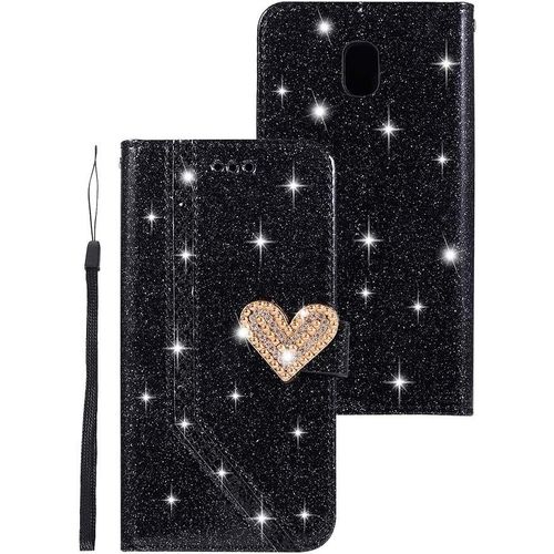 Housse Pour Samsung Galaxy J7 2017 Coque En Cuir Noir Briller C Ur Paillette Étui À Rabat Clapet Wallet Portefeuille Porte Carte Avec Tpu Silicone Bumper Antichoc Portable Cover